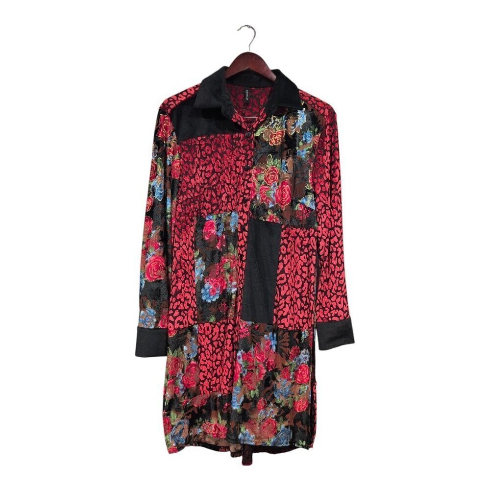 Ethyl Button Down Floral Burnout Velvet Blouse Tunic Long Sleeve Semi-Sheer Sz M